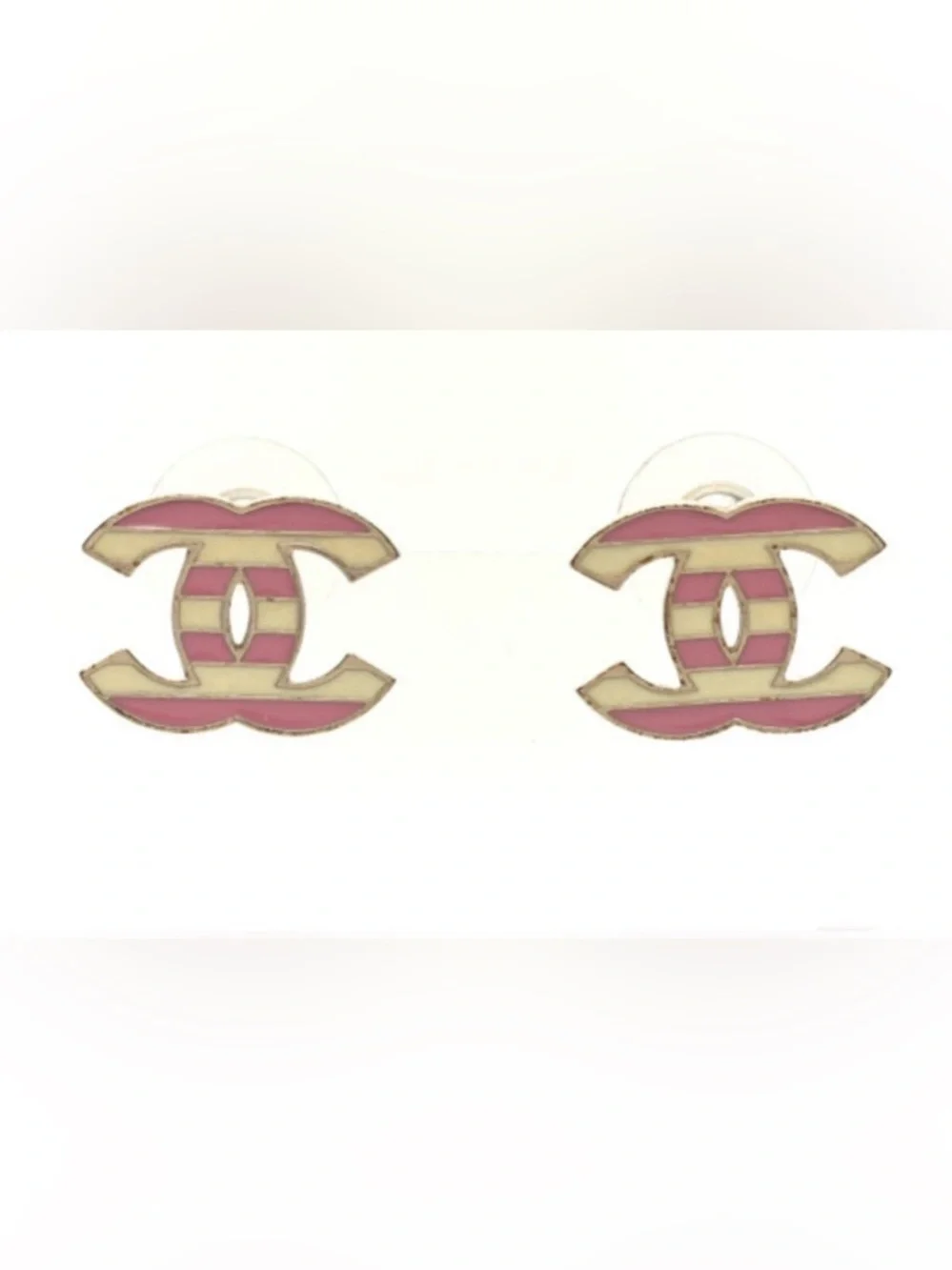 Chanel Pink and White Striped Logo Earrings